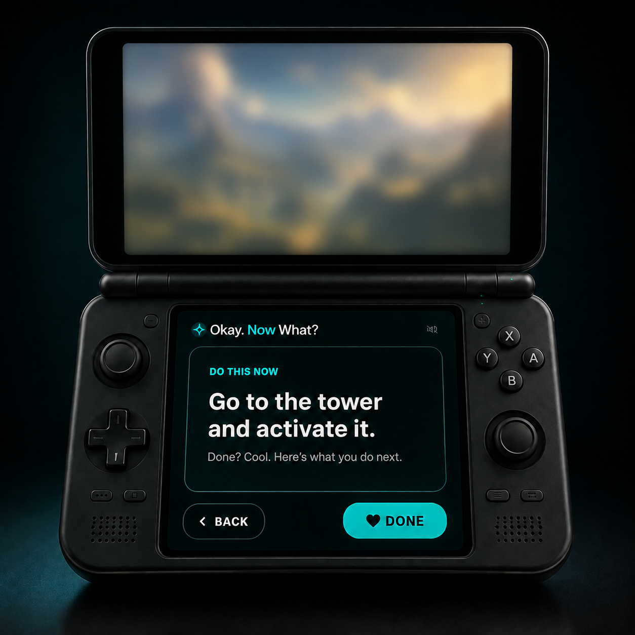 Dual-screen handheld with a heavily blurred generic game scene above and the Okay. Now What? guide below
